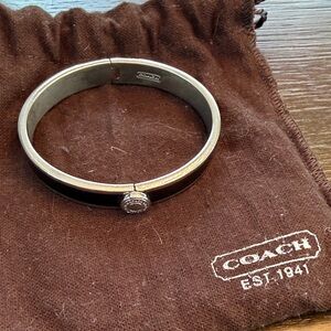Authentic Coach Silver Tone Bangle with Black Inlay and Signature Turn-Lock